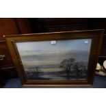 R W DICKENS: Winter landscape with low sun, pastel, early 20th Century