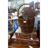 AN IRON BOUND WOODEN BUCKET with integral curved wooden handle, a pair of bellows and two vintage