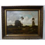 LANDSCAPE WITH FIGURES AND CATTLE BENEATH A STORMY SKY, oil on canvas in a heavy moulded and gilt