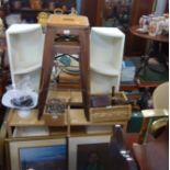 A PAIR OF PRESSED STEEL BAR/WORKSHOP STOOLS, and various shelves and shop fittings