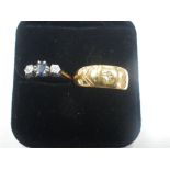 A SAPPHIRE AND DIAMOND RING, on an 18ct gold shank, ring size M, together with a 22ct gold wedding