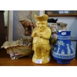 A ROYAL DUX FIGURE OF A GIRL ON A ROCK LOOKING INTO A POOL, a Wedgwood Jasperware jug and three