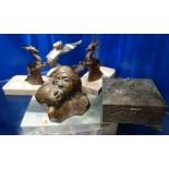 A PAIR OF ART DECO SPELTER DEER on marble bases, a bronzed figure and similar items