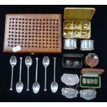 TWO SILVER DECANTER LABELS, 'Whisky' and 'Brandy' collar studs, a set of plated spoons and sundries