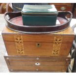A 19TH CENTURY ROSEWOOD BOX, another similar, a miniature oval tray and small leather jewellery box