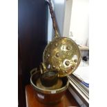 AN OAK FRUIT BOWL with plated mounts and shield, a brass warming pan and jug