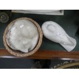 AN ALABASTER STUDY OF A CAT CURLED UP (IN A BASKET) and a similar marble study of a dove
