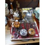 A 1950'S PLASTIC TEA TRAY, biscuit barrel and other vintage items