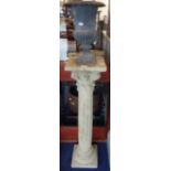A RECONSTITUTED STONE COLUMN STAND, 100cm high and a cast iron neo-classical urn