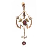 Art Nouveau 9ct gold garnet and seed pearl pendant, 5.5cmm in length, approximate weight 2.0g :
