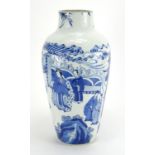 Chinese blue and white porcelain vase, hand painted with figures in a palace, Kangxi blue ring marks