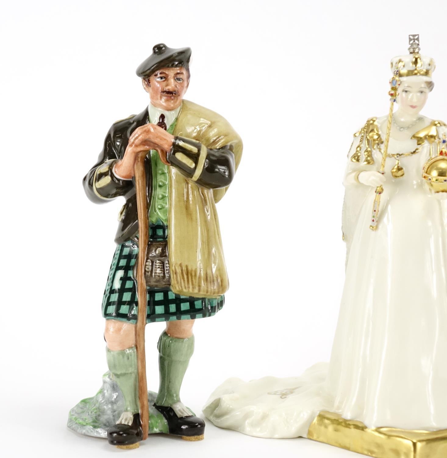 Three Royal Doulton figures, The Piper HN3444, The Lair HN2361 and Her Majesty Queen Elizabeth II - Image 2 of 6