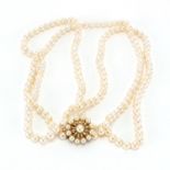Cultured pearl three row necklace, with 9ct gold clasp, 32cm in length, approximate weight 53.8g :