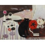 After Mary Fedden - Cats and still life, oil on canvas laid on board, framed, 52cm x 40.5cm : For