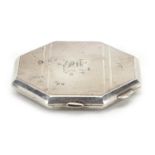 Octagonal silver compact with engine turned decoration by Broadway & Co Birmingham 1947, 7.5cm W,