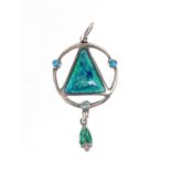 Art & Crafts silver and enamel pendant by James Fenton, Birmingham 1908, 4.5cm in length,