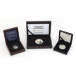 Three commemorative silver proof coins with fitted cases, Numisproof two platinum wedding