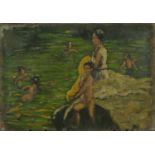 Females bathing in water, oil on canvas laid on wood panel, bearing a monogram DS, unframed, 59cm
