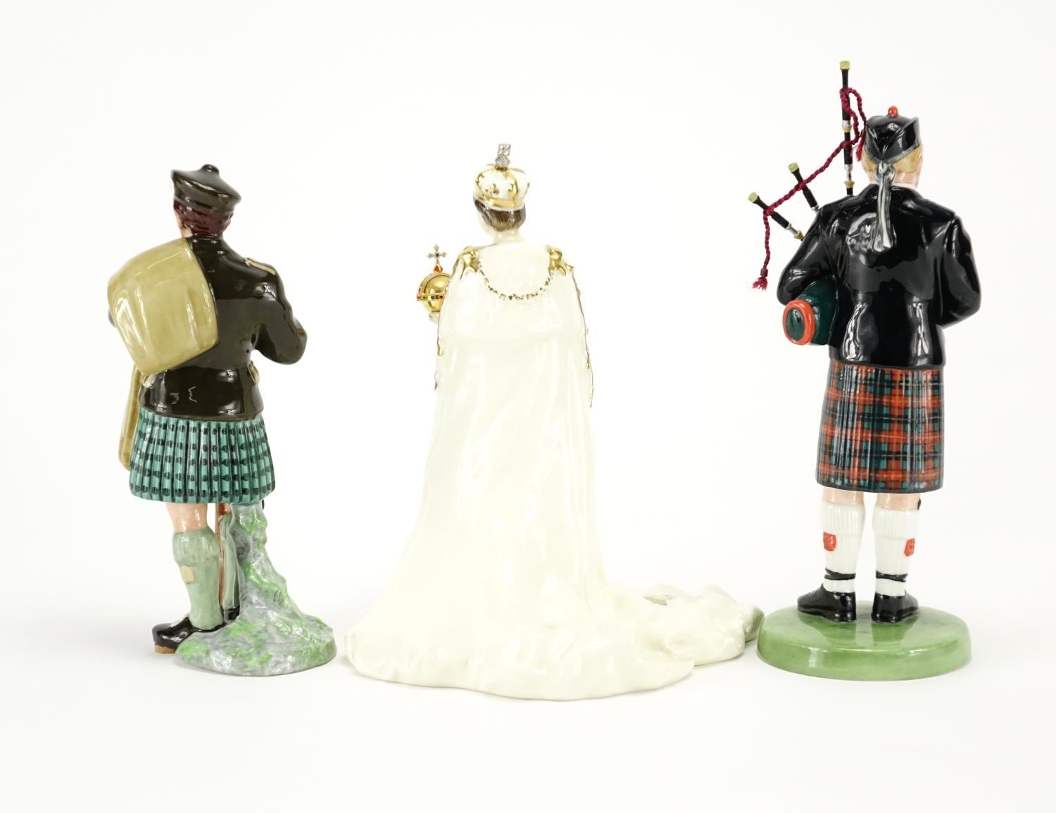 Three Royal Doulton figures, The Piper HN3444, The Lair HN2361 and Her Majesty Queen Elizabeth II - Image 4 of 6