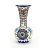 Large Burmantofts faience glazed Partie-Colour vase, hand painted with stylised flowers, impressed