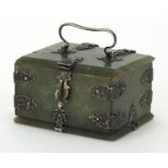 19th century Indian Mughal green jade casket, with silver mounts and swing handle, 5cm H x 9cm W x