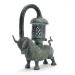 Chinese archaic style lantern in the form of a ox, with incised character marks, 40cm high : For