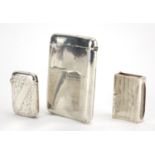 Victorian rectangular silver card case, vesta and matchbox case, various hallmarks, the largest 7.