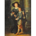 Figures in 16th century dress, oil on panel, label verso, mounted and framed, 39cm x 29cm : For