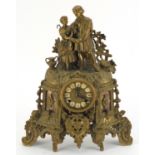 Classical gilt metal and marble mantel clock, surmounted with two lovers, the dial with Roman