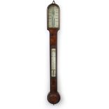 Georgian burr walnut stick barometer by Dollond of London with ivory dials, 95.5cm high : For