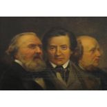 Portrait of three men in formal dress, 19th century American school oil on canvas, mounted and