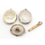 Two Victorian silver plated lockets, an agate and cameo brooch and 14ct gold propelling pencil : For