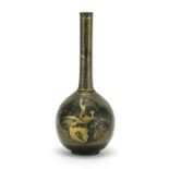 Japanese lacquered bronze vase, hand painted with panels of birds of paradise amongst foliage,