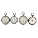 Four gentleman's silver open face pocket watches, one with engraved Military crest, the largest