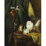 G Metsu - Cats and kittens by a harp, oil on panel, mounted and framed, 49.5cm x 39cm : For Extra