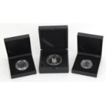 Three silver proof coins with cases, SAS David Stirling, 2017 50th Anniversary one ounce