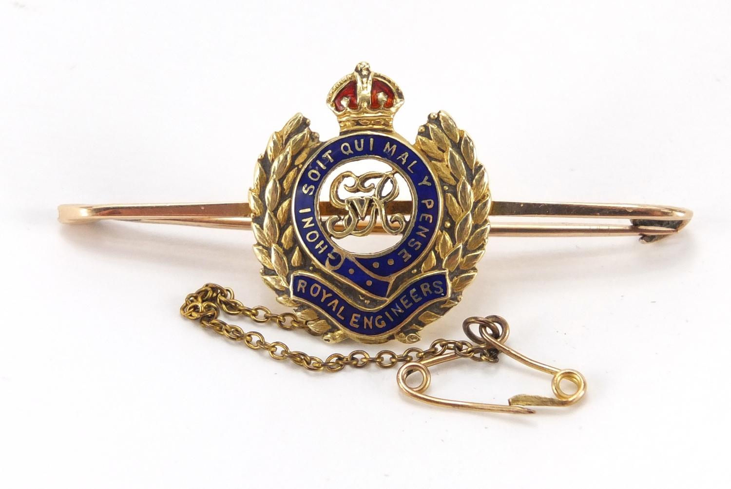 Military interest 15ct gold and enamel Royal Engineers brooch, 5.1cm wide, approximate weight 5.3g :