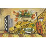 Manner of Bernard Buffet - Still life flowers, fruit and instruments, oil on board, bearing an