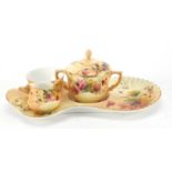 Royal Worcester blush ivory cabaret set on stand, decorated with flowers, the stand 28cm wide :
