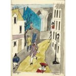 Street scene with figures, ink and watercolour, bearing a signature Feininger, mounted and framed,