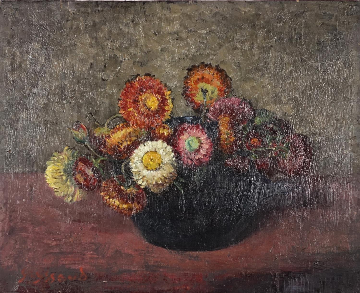 Still life flowers in a vase, oil on panel, bearing a signature possible Lassand, unframed, 27cm x