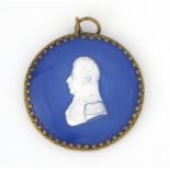 19th century blue opaline ground sulphide pendant plaque of Duc Du Berri, probably Baccarat, 5.7cm