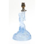 Art Deco frosted blue glass lamp base, modelled with a nude female, 27cm high : For Extra