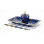 Copeland Spode porcelain inkwell on stand with matching dip pen, each gilded with flowers and