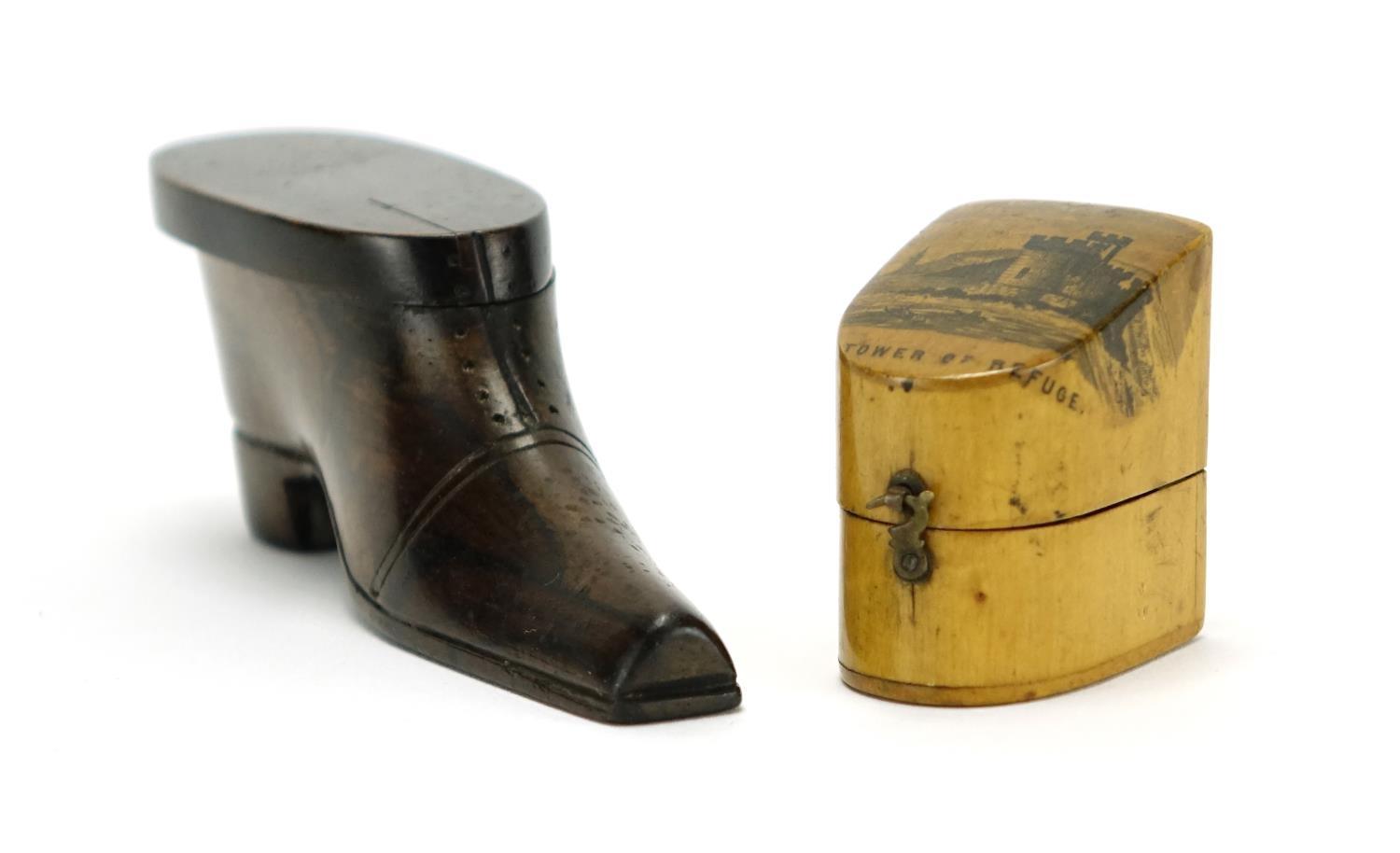 19th century rosewood shoe snuff box and a Mauchline Ware thimble case, decorated with The Tower