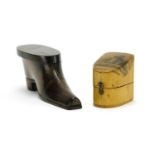 19th century rosewood shoe snuff box and a Mauchline Ware thimble case, decorated with The Tower