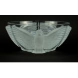 French frosted and clear glass bowl by J G Durand, moulded with three birds, paper label to the