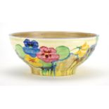 Clarice Cliff Bizarre pottery bowl, hand painted in the Pansy Delicia pattern, factory marks to