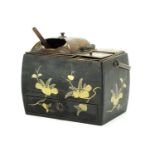 19th century Japanese black lacquer smoking set with bronze liners and base drawer, gilded with