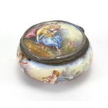 Antique continental enamel box, hand painted with lovers and putti, 5.5cm in diameter : For Extra